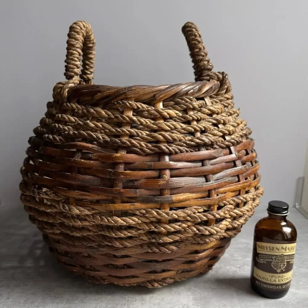 Vintage French Style Round Wicker Basket Large Dual Handle Gathering Primitive